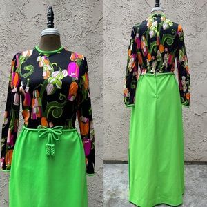 Vintage 1960s black psychedelic colors long sleeves dress with back zipper